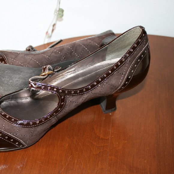 Franco Sarto Brown Leather and Suede Mary Jane High Heels - Picture 6 of 12